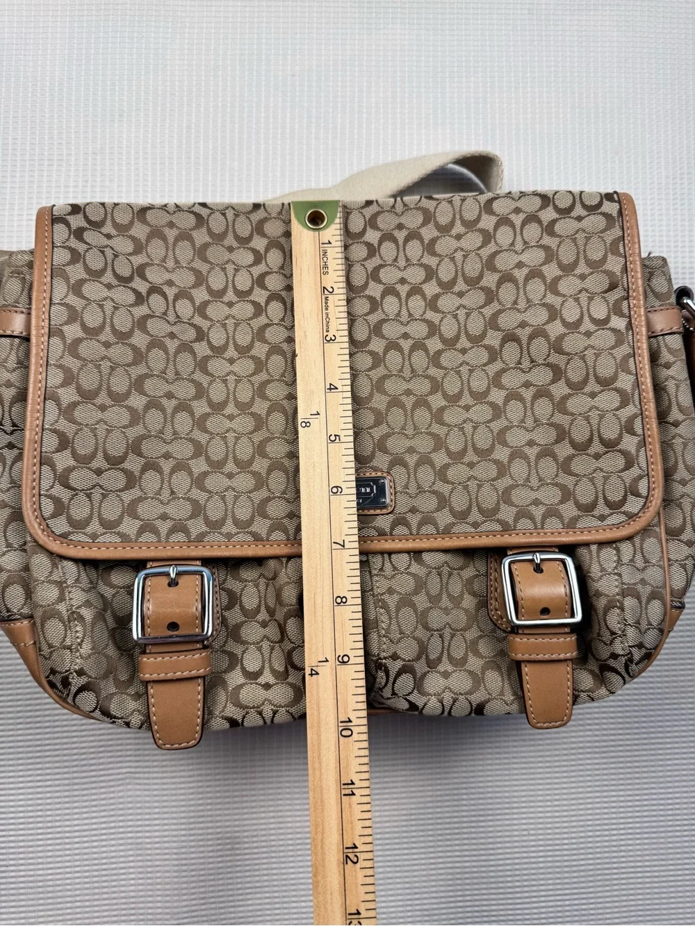Coach Tan Signature Canvas Messenger Bag with Brown Leather Trim